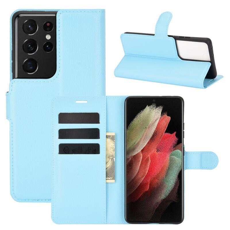 Litchi PU kožené peněženkové pouzdro na mobilní telefon Samsung Galaxy S21 Ultra 5G - modré