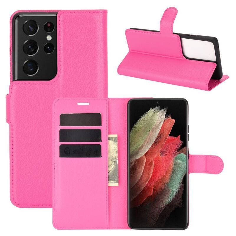 Litchi PU kožené peněženkové pouzdro na mobilní telefon Samsung Galaxy S21 Ultra 5G - rose