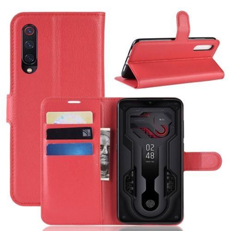 Litchi PU kožené peněženkové pouzdro na Xiaomi Mi 9 - červené