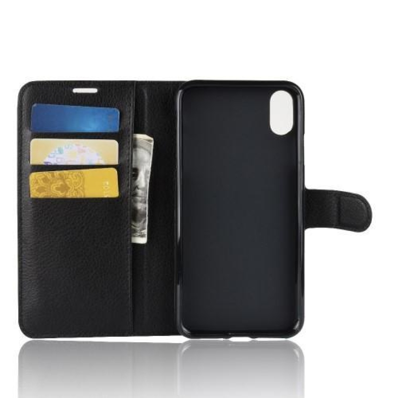 Litchi PU kožené peněženkové pouzdro pro iPhone XR - černé