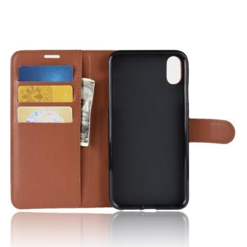 Litchi PU kožené peněženkové pouzdro pro iPhone XR - hnědé