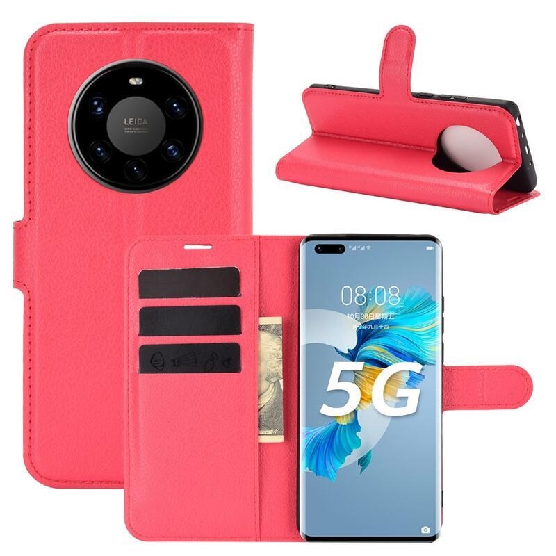Litchi PU kožené peněženkové pouzdro pro mobilní telefon Huawei Mate 40 Pro - červené