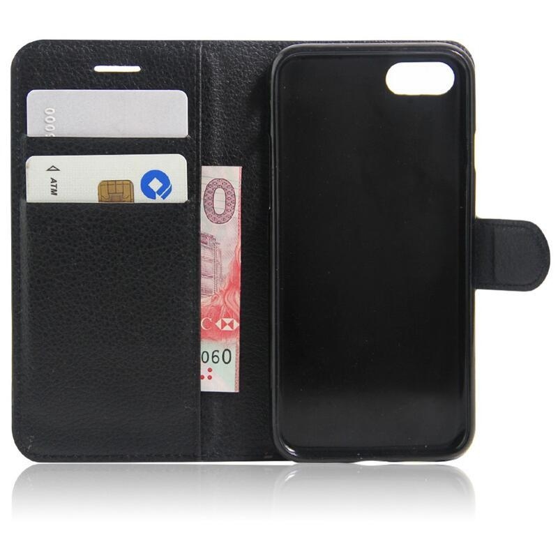 Litchi PU kožené peněženkové pouzdro pro mobilní telefon iPhone SE (2020)/7/8 - černé