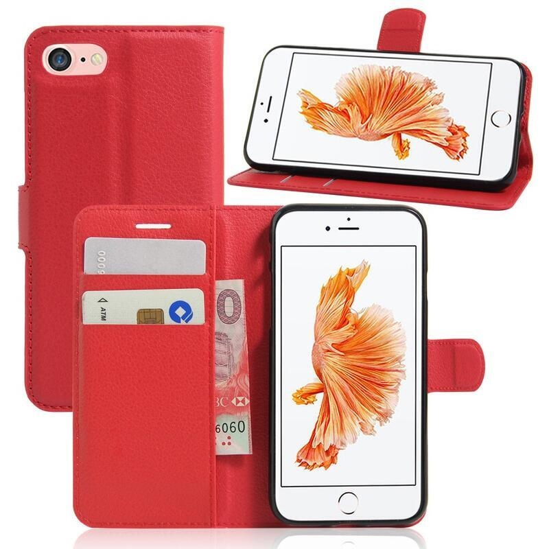 Litchi PU kožené peněženkové pouzdro pro mobilní telefon iPhone SE (2020)/7/8 - červené