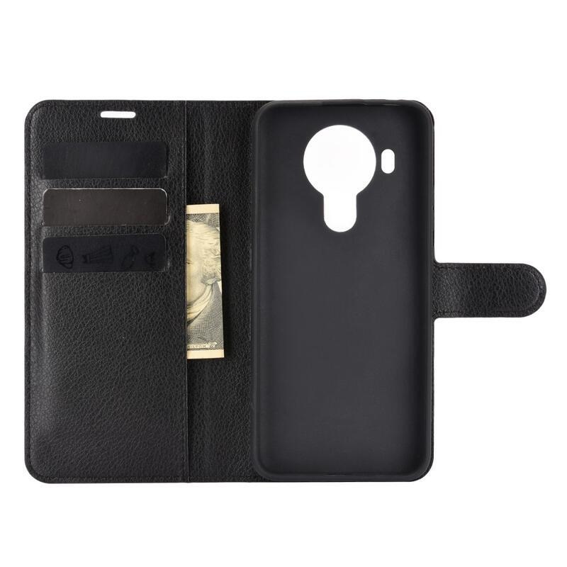 Litchi PU kožené peněženkové pouzdro pro mobilní telefon Nokia 5.4 - černé