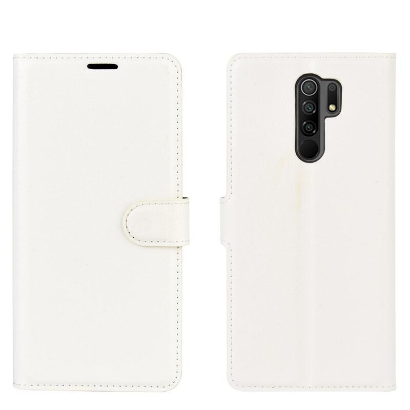Litchi PU kožené peněženkové pouzdro pro mobilní telefon Xiaomi Redmi 9 - bílé