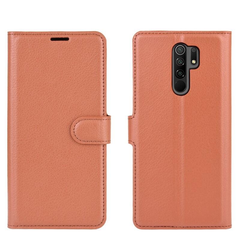 Litchi PU kožené peněženkové pouzdro pro mobilní telefon Xiaomi Redmi 9 - hnědé