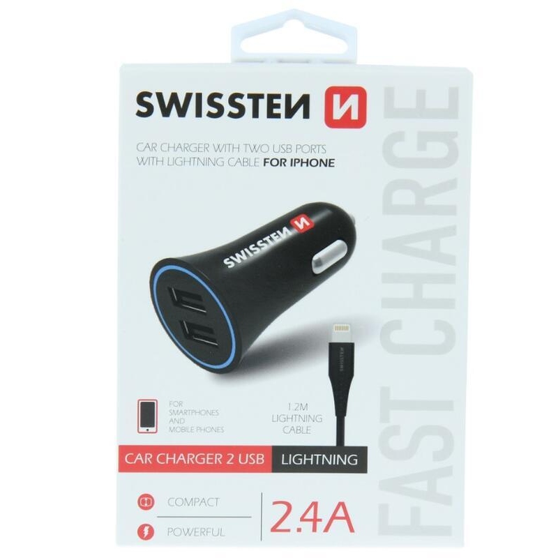Nabíječka do auta Swissten CL adaptér 2.4A 2x USB + Lightning kabel - černá
