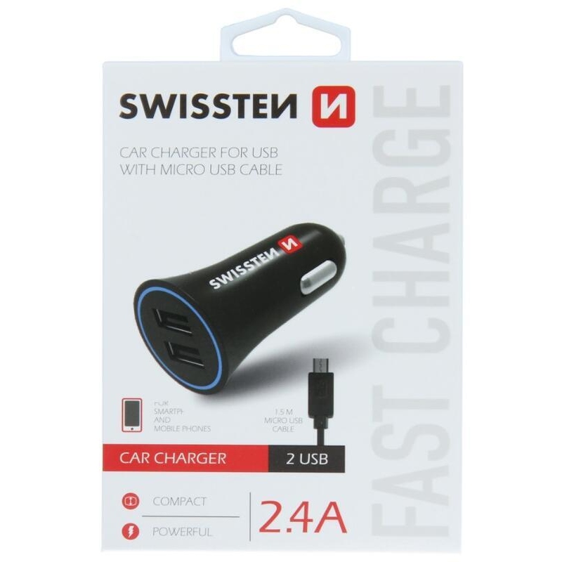 Nabíječka do auta Swissten CL adaptér 2.4A 2x USB + micro USB kabel - černá