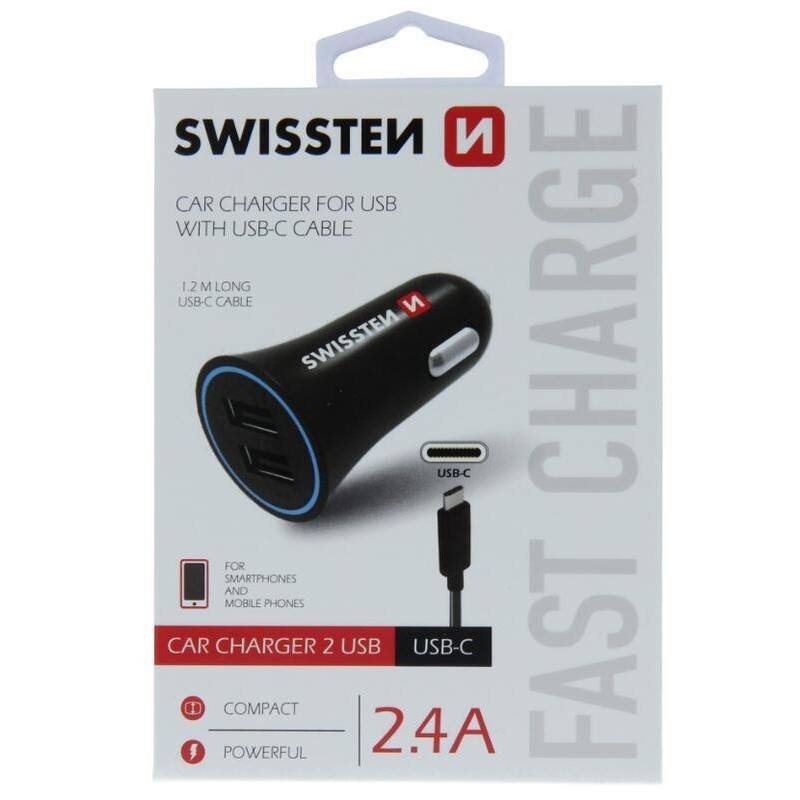 Nabíječka do auta Swissten CL adaptér 2.4A 2x USB + USB-C kabel - černá