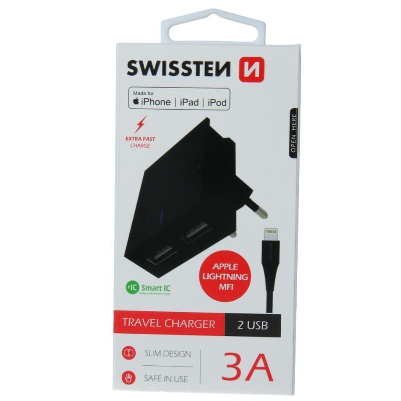 Nabíječka Swissten SMART IC 3A 2x USB + kabel USB/Lightning MFI 1,2m - černá