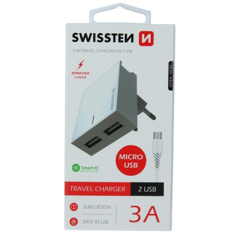 Nabíječka Swissten SMART IC 3A 2x USB + kabel USB/micro USB 1,2m - bílá