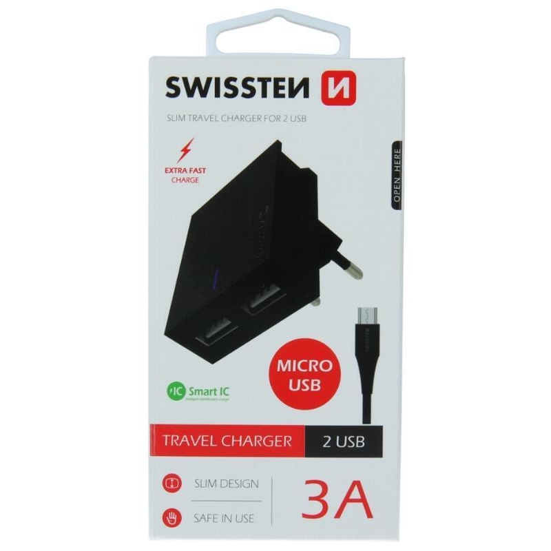 Nabíječka Swissten SMART IC 3A 2x USB + kabel USB/micro USB 1,2m - černá