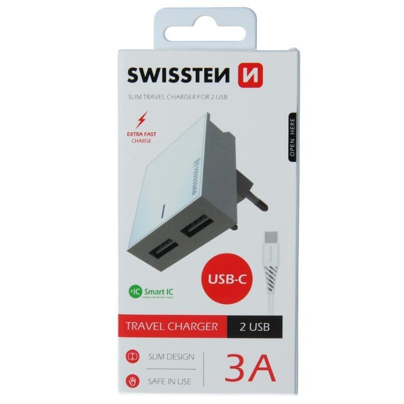Nabíječka Swissten SMART IC 3A 2x USB + kabel USB/Typ C 1,2m - bílá