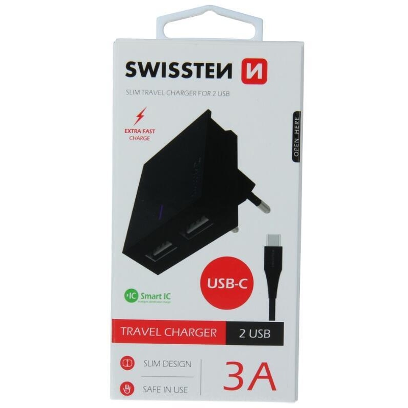 Nabíječka Swissten SMART IC 3A 2x USB + kabel USB/Typ C 1,2m - černá