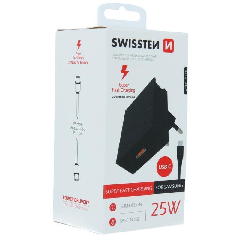 Nabíječka Swissten super fast 25W pro Samsung + kabel USB-C/USB-C 1,2m - černá