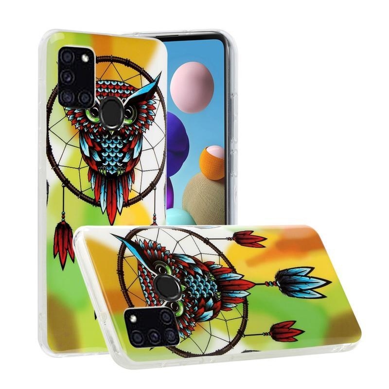 Noctilucent gelový obal na mobil Samsung Galaxy A21s - sova a lapač snů