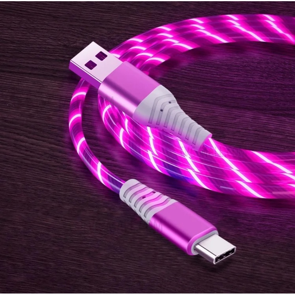 LED svítící USB kabel Typ-C 3A pro nabíjení a synchronizaci 1m - růžový/červený