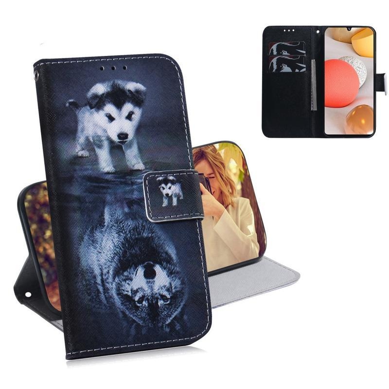 Patte PU kožené peněženkové pouzdro na mobil Samsung Galaxy A42 5G - pes a odraz vlka