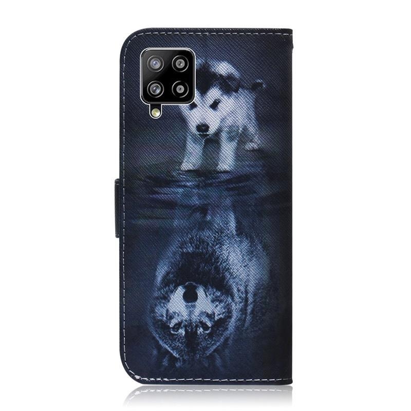 Patte PU kožené peněženkové pouzdro na mobil Samsung Galaxy A42 5G - pes a odraz vlka