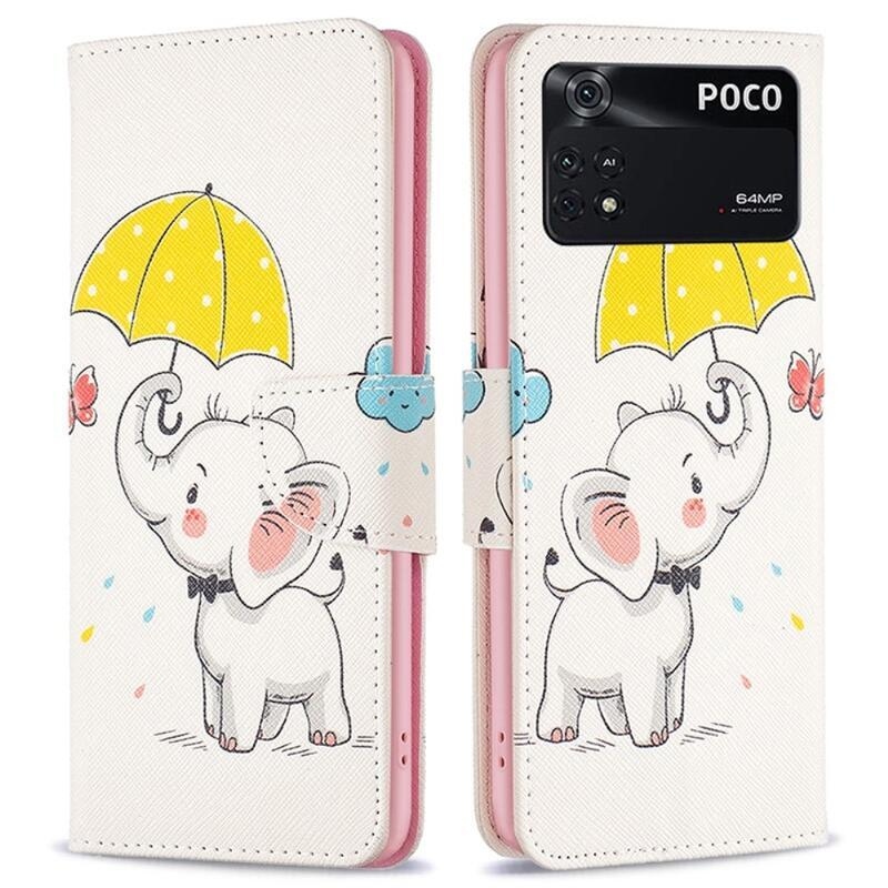Patte PU kožené peněženkové pouzdro na mobil Xiaomi Poco M4 Pro 4G - slon s deštníkem