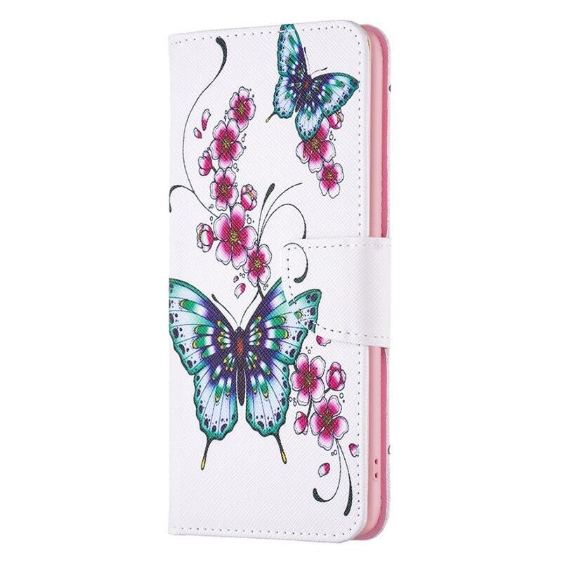Patte PU kožené peněženkové pouzdro na mobil Xiaomi Poco M4 Pro 4G - zelený motýl s květy