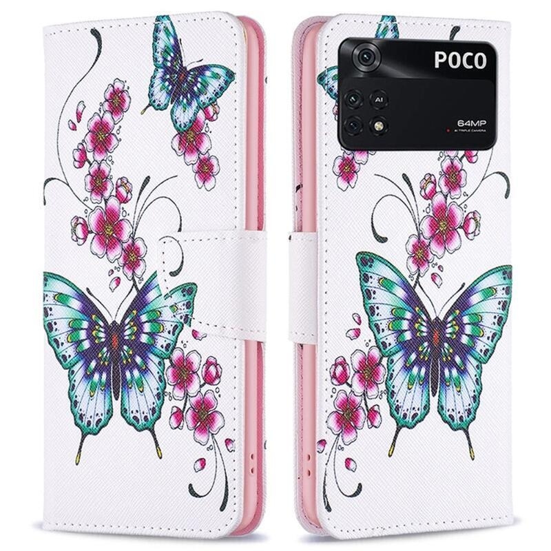Patte PU kožené peněženkové pouzdro na mobil Xiaomi Poco M4 Pro 4G - zelený motýl s květy