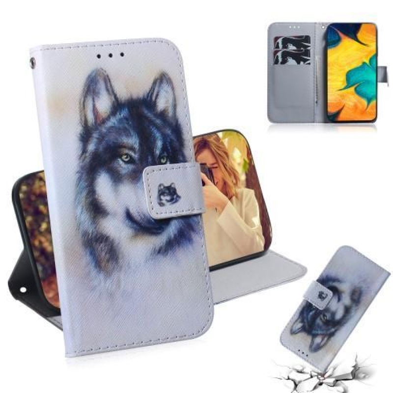 Pattern PU kožené peněženkové pouzdro na mobil Samsung Galaxy A30 / A20 - černý vlk