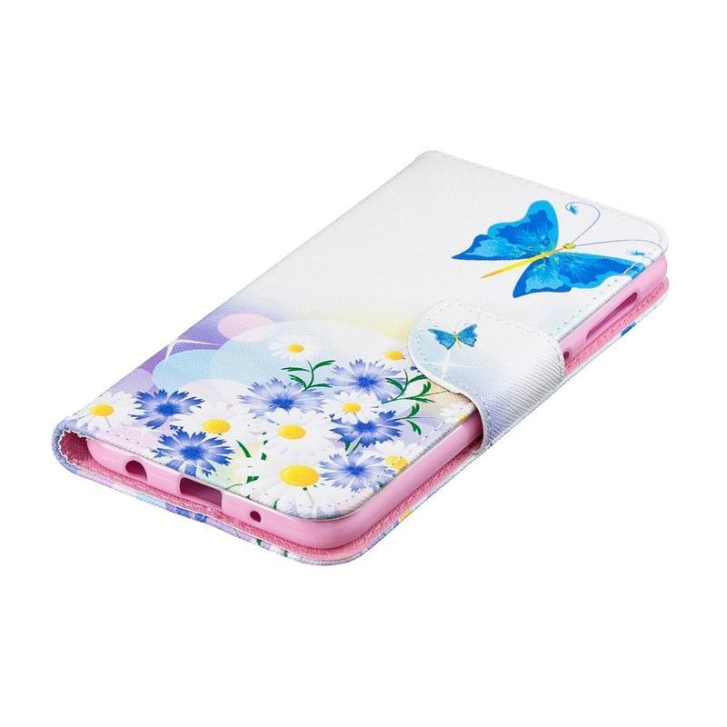 Patty PU kožené peněženkové pouzdro na mobil Samsung Galaxy A10 - modrý motýl a květiny