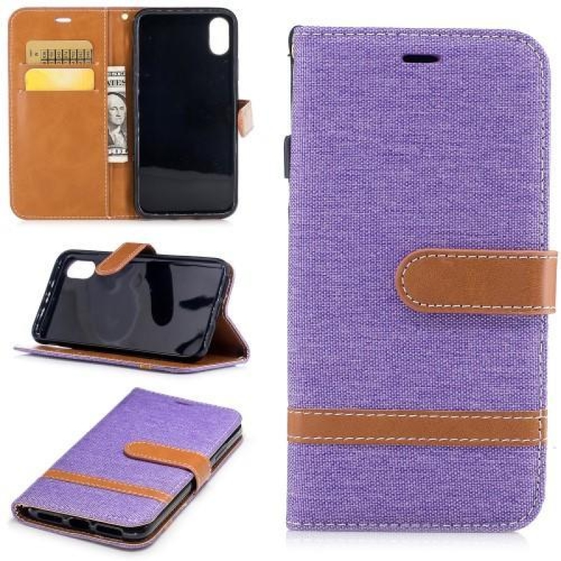 Peněženkové textilní/PU kožené pouzdro na iPhone X - fialové