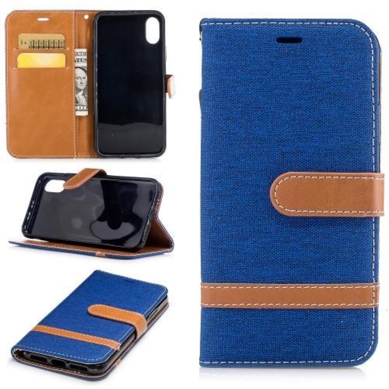 Peněženkové textilní/PU kožené pouzdro na iPhone X - modré