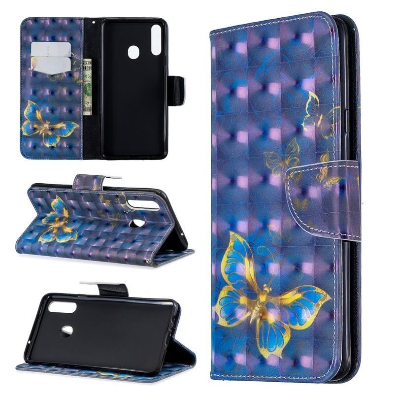Print PU kožené peněženkové pouzdro na mobil Samsung Galaxy A20s - modrý motýl