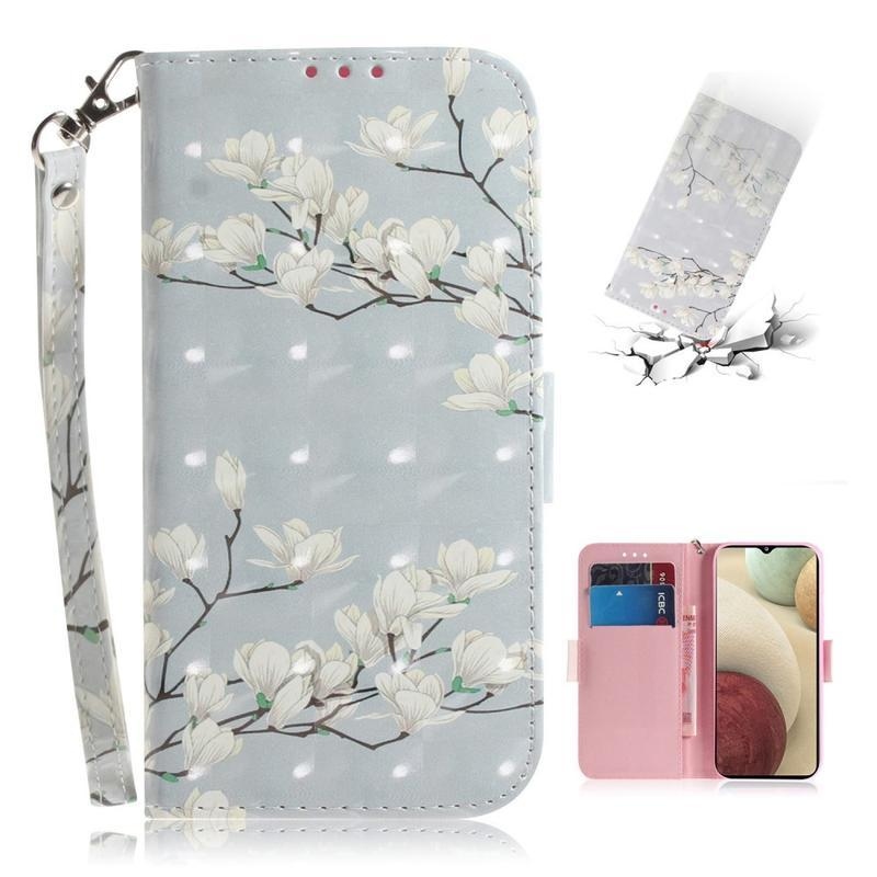Printy PU kožené peněženkové pouzdro na mobil Samsung Galaxy A12/M12 - bílé květy