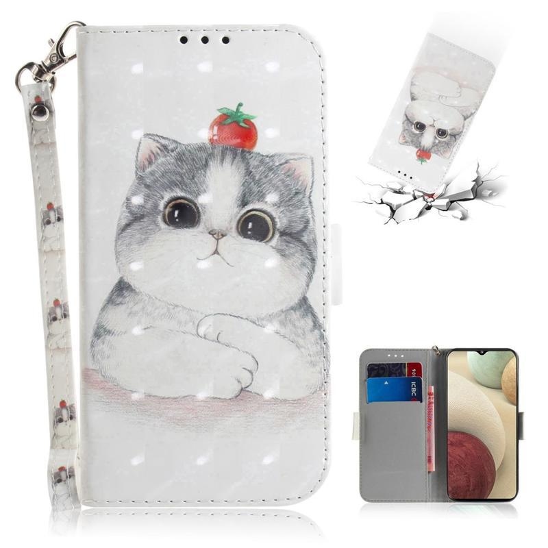 Printy PU kožené peněženkové pouzdro na mobil Samsung Galaxy A12/M12 - kočka s rajčetem