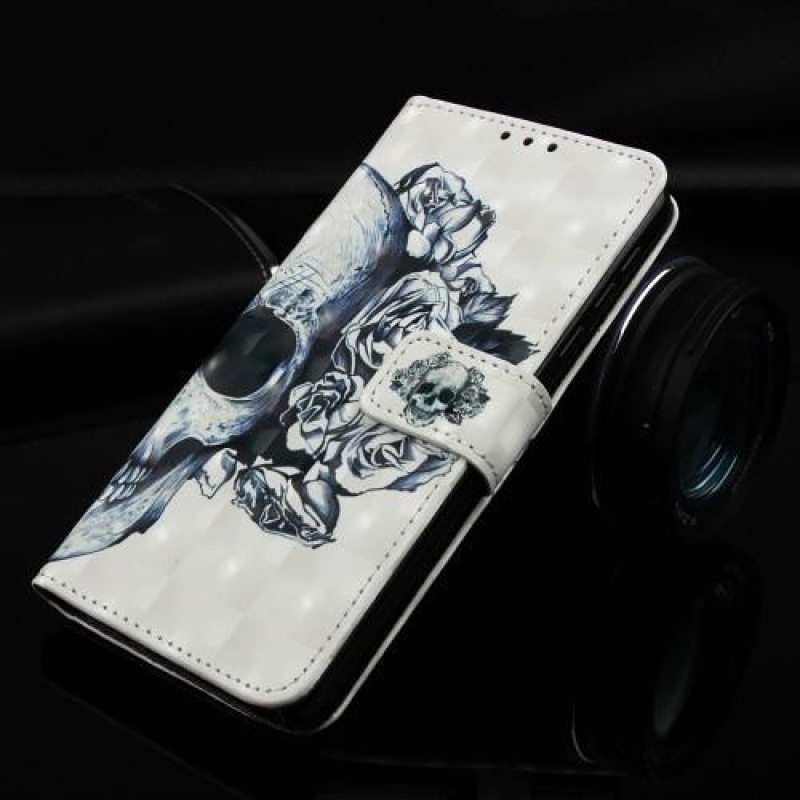 Printy PU kožené peněženkové pouzdro na Samsung Galaxy A70 - lebka