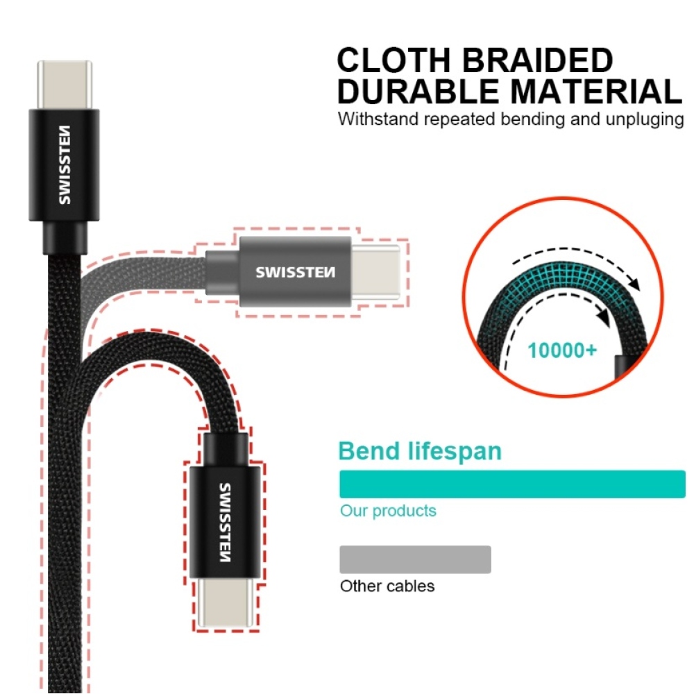 Swissten tkaný kabel USB-C/USB-C pro nabíjení a synchronizaci 1,2 m - černý