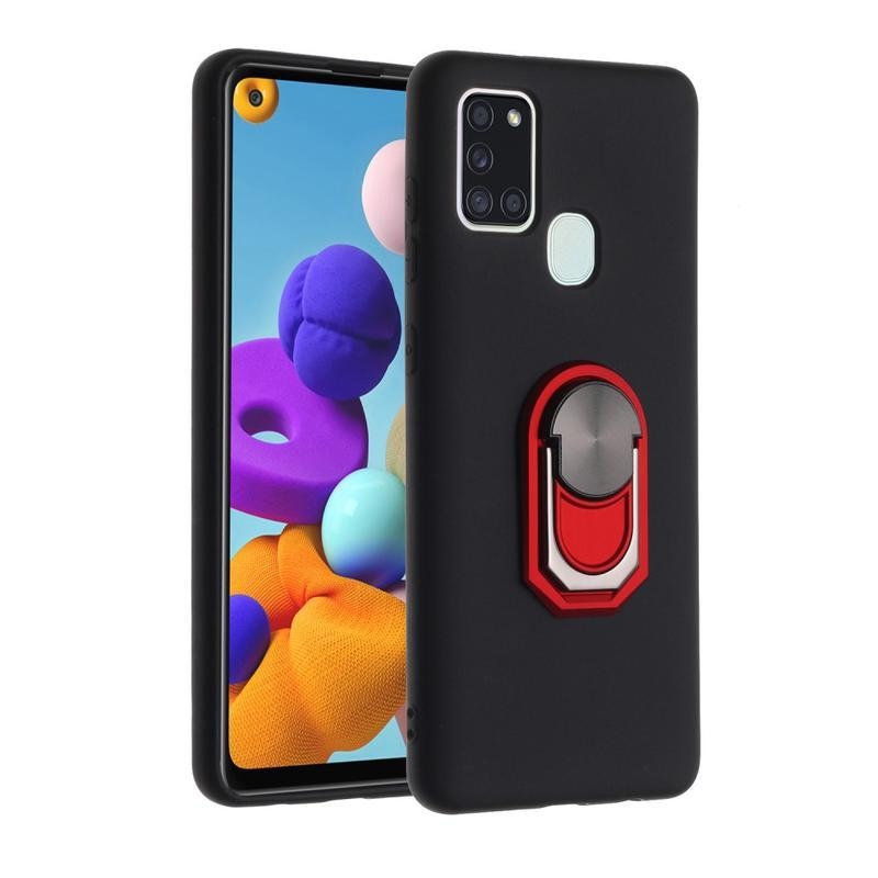 Soft silikonový obal s kroužkem na prst na mobil Samsung Galaxy A21s - černý/červený