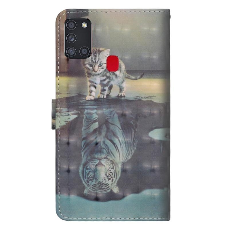 Spot PU kožené peněženkové pouzdro na mobil Samsung Galaxy A21s - kočka a odraz tygra
