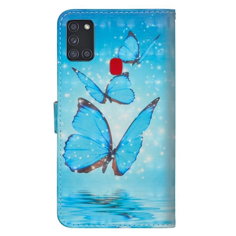 Spot PU kožené peněženkové pouzdro na mobil Samsung Galaxy A21s - modrý motýl