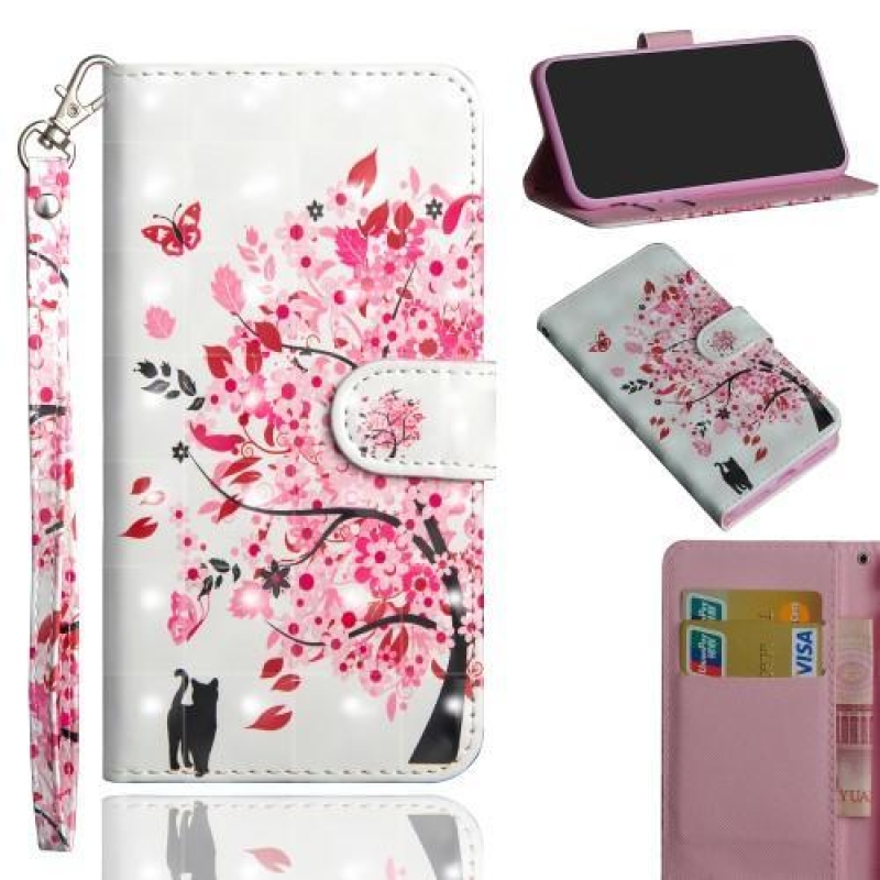 Style PU kožené peněženkové pouzdro na mobil Honor 20 Lite/Honor 20e - kočka a rozkvetlý strom