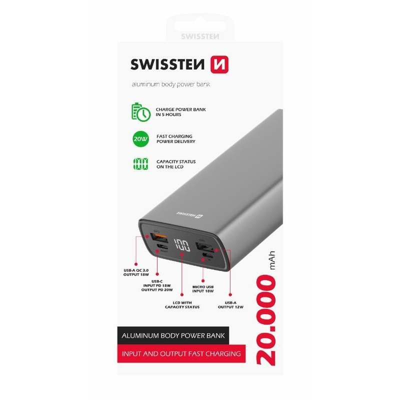 Swissten Aluminum Powerbank 20000 mAh 20W - šedá