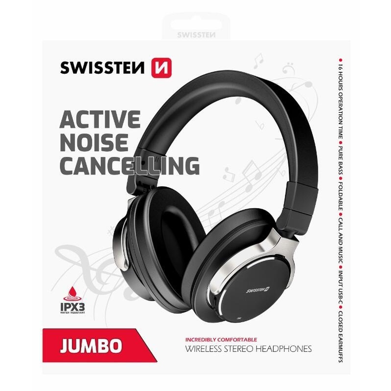 Swissten jumbo ANC bluetooth stereo sluchátka - černá