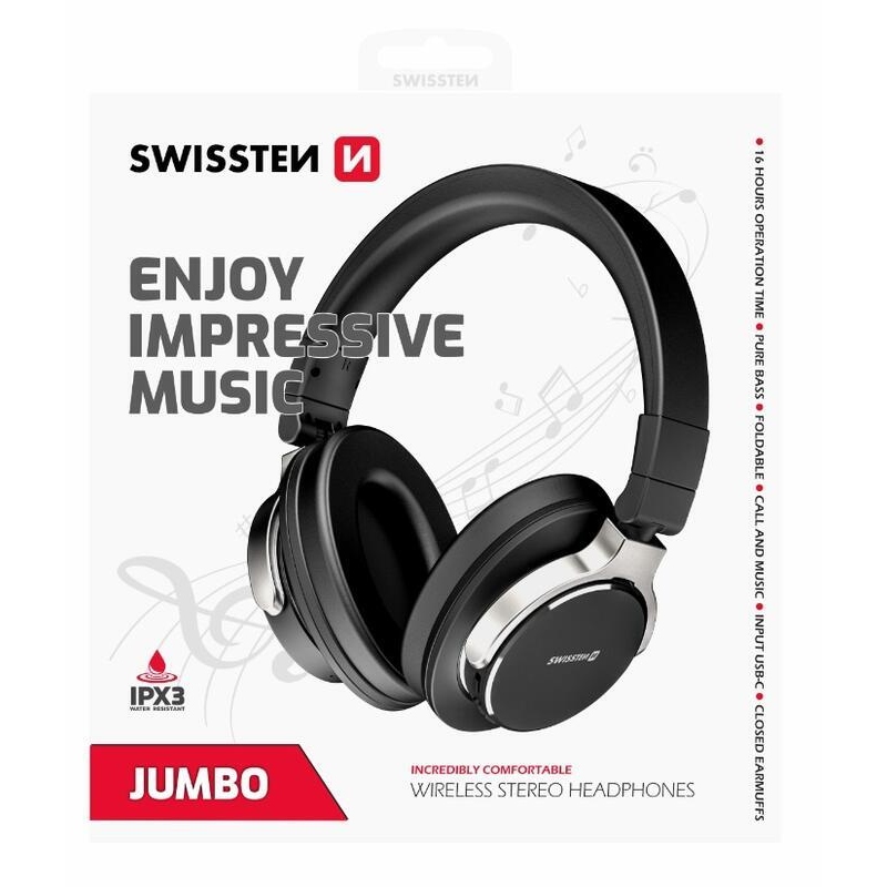 Swissten jumbo bluetooth stereo sluchátka - černá