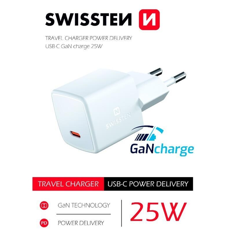 Swissten mini síťový adaptér GaN USB-C 25W - bílý