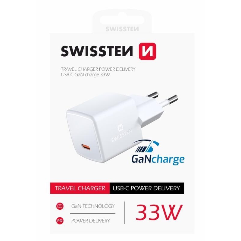 Swissten mini síťový adaptér GaN USB-C 33W - bílý