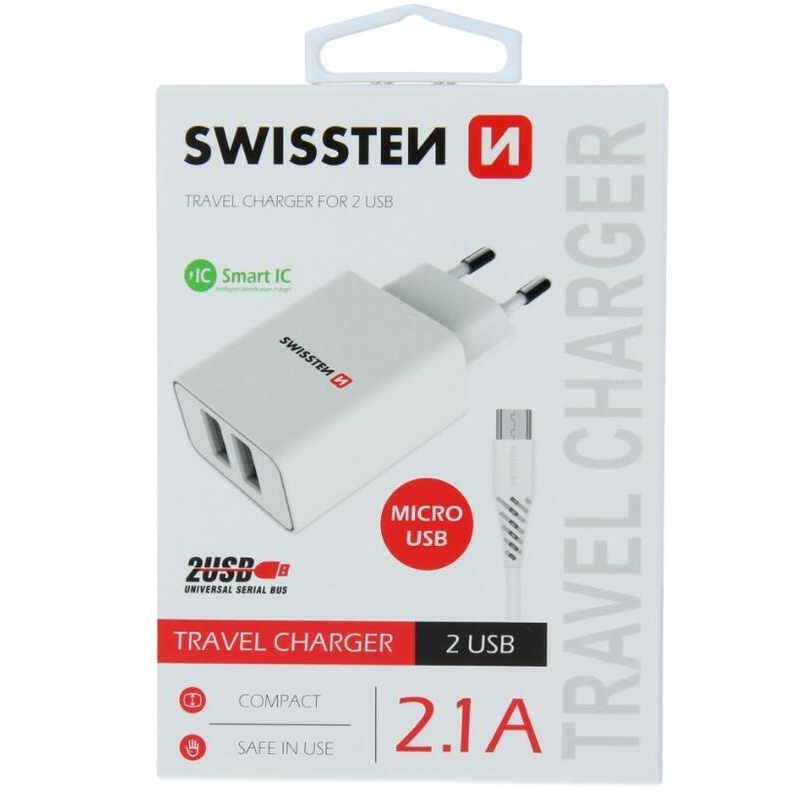 Swissten síťový adaptér, 2x USB, 2.1A + micro USB kabel 1.2m - bílý
