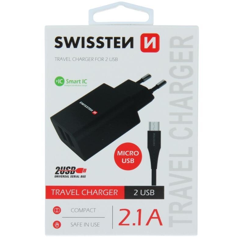Swissten síťový adaptér, 2x USB, 2.1A + micro USB kabel 1.2m - černý