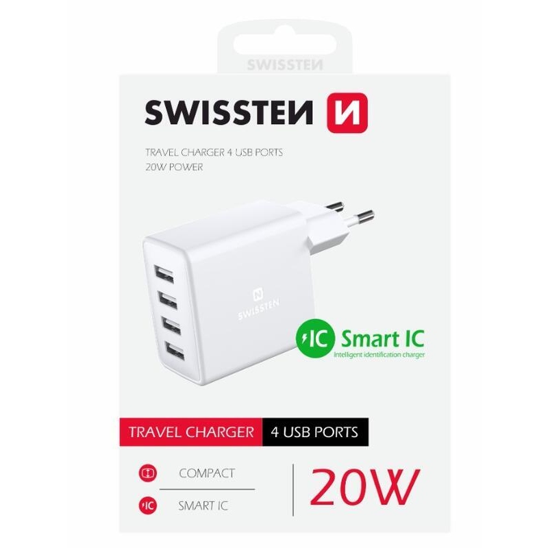 Swissten síťový adaptér, 4x USB, 4A, 20W - bílý