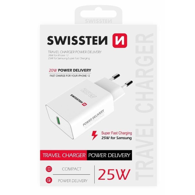 Swissten síťový adaptér PD 25W pro iPhone a Samsung - bílý