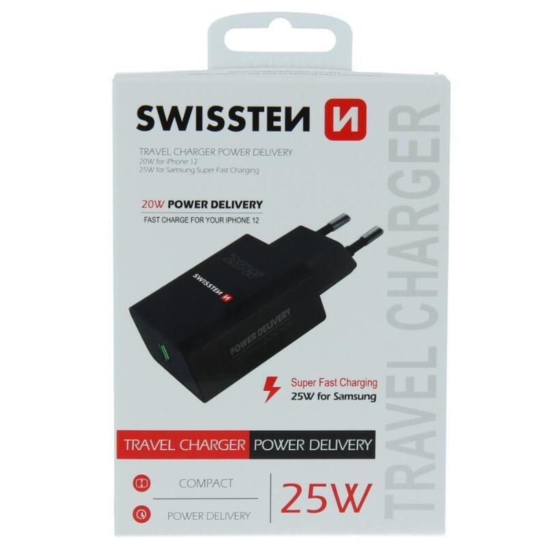 Swissten síťový adaptér PD 25W pro iPhone a Samsung - černý